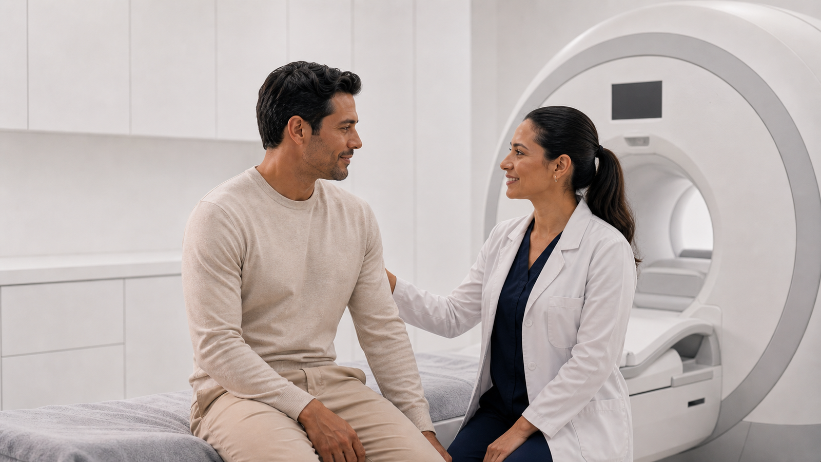 Paciente conversando con profesional de salud en sala diagnóstica premium